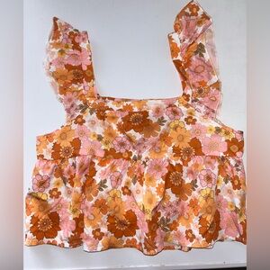 SHEIN Pink & Orange Floral Ruffle Crop Top